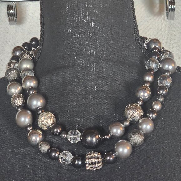 Chico's Gunmetal Filigree Crystal Ball Pewter Silver Faux Pearl 41" Necklace - Picture 12 of 16